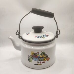 Vintage Enamelware Tea Kettle Fruit Bowl Graphic White Speckled Enamel Teapot